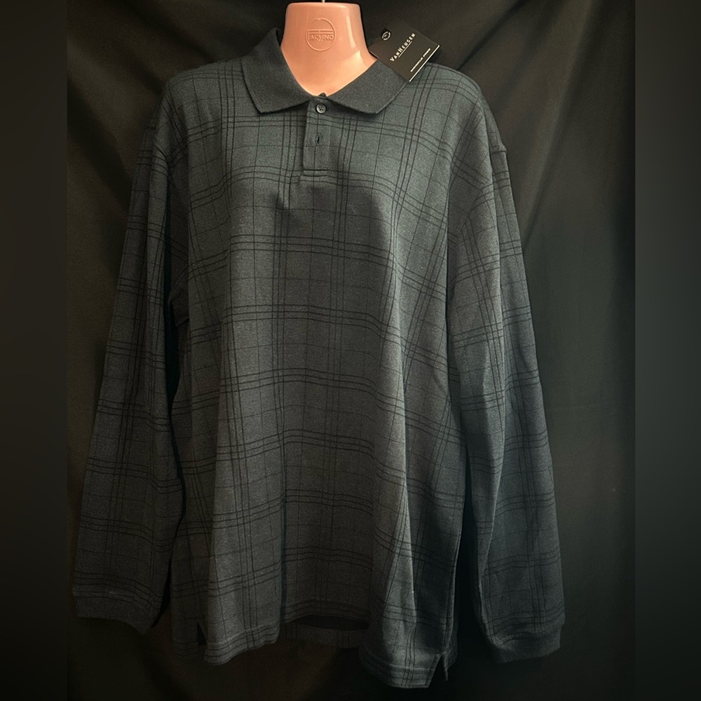 Van Heusen Men's Long Sleeve Polo Shirt Dark Blue Plaid NWT XL